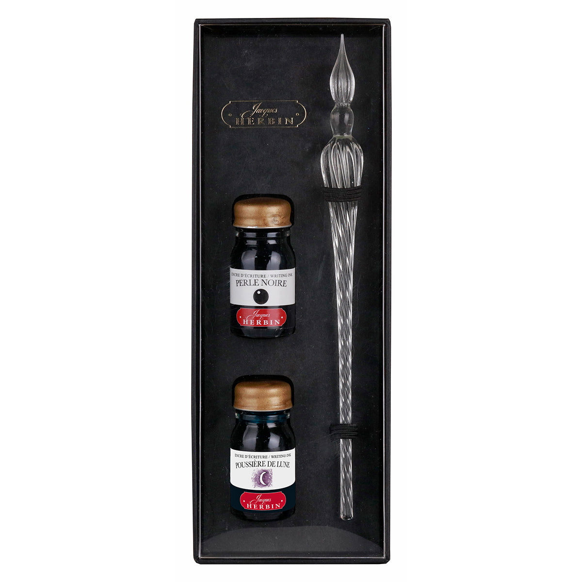 Jacques Herbin Round Glass Pen Transparent – Γυάλινη πένα + 2 μελάνια 10 ml (Perle Noire, Poussière de Lune)