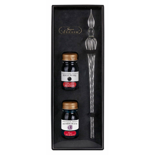 Jacques Herbin Round Glass Pen Transparent – Γυάλινη πένα + 2 μελάνια 10 ml (Perle Noire, Poussière de Lune)