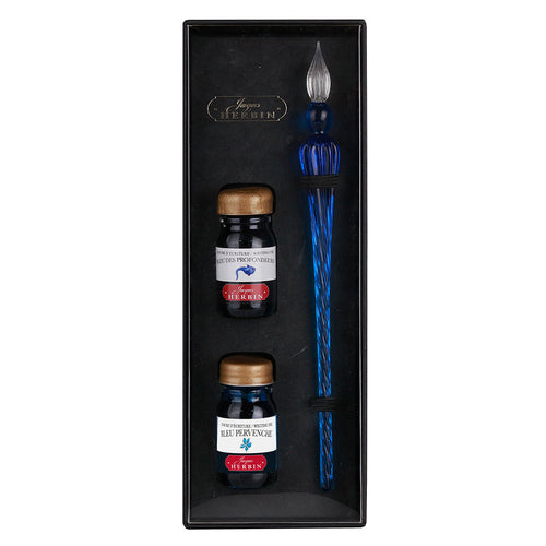 Jacques Herbin Round Glass Pen Blue – Γυάλινη πένα + 2 μελάνια 10 ml (Bleu des Profondeurs, Bleu Pervenche)