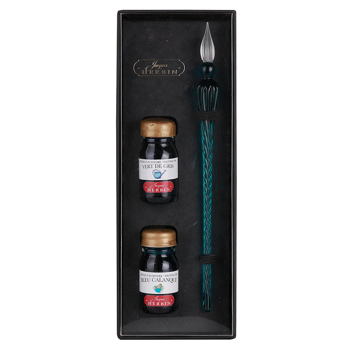 Jacques Herbin Round Glass Pen Emerald – Γυάλινη πένα + 2 μελάνια 10 ml (Vert de Gris, Bleu Calanque)
