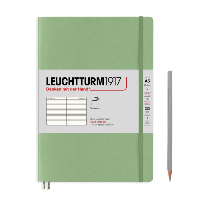 Leuchtturm1917 Medium A5 – Σημειωματάριο με μαλακό εξώφυλλο (123 σελ.) – Sage Γραμμές